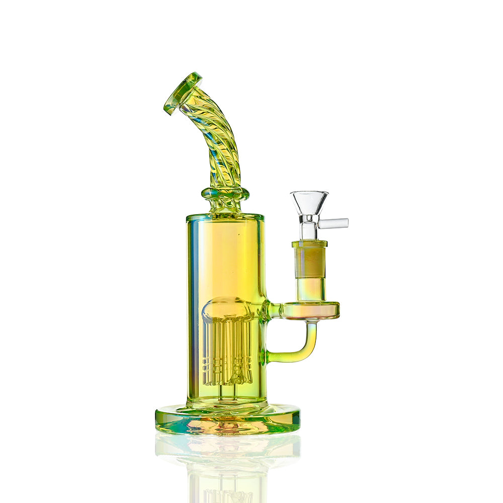 9“ iridescent Spiral Bong - Tree Perc, Bent Neck - Croia Glass