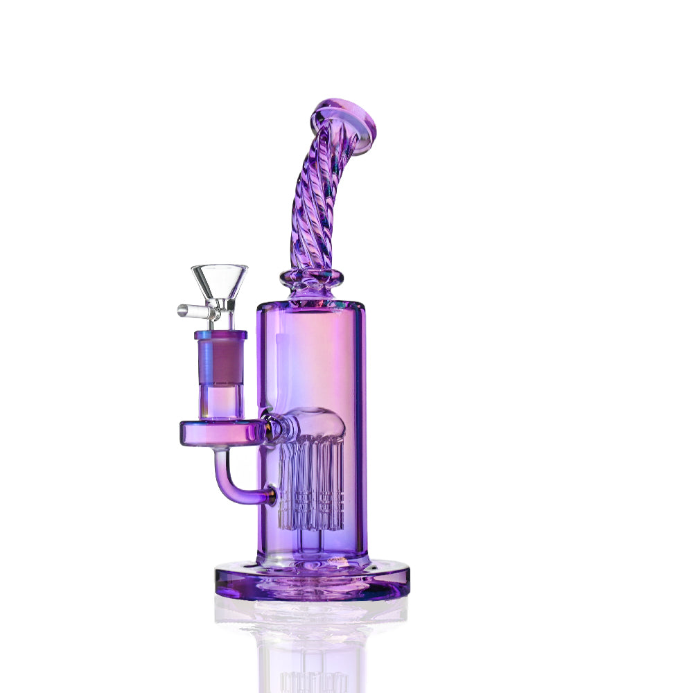 9“ iridescent Spiral Bong - Tree Perc, Bent Neck - Croia Glass