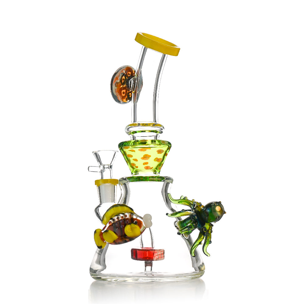 9" Ocean Reef Glass Bong – Hand-Sculpted Fish & Octopus Art, Showerhead Perc - Croia Glass