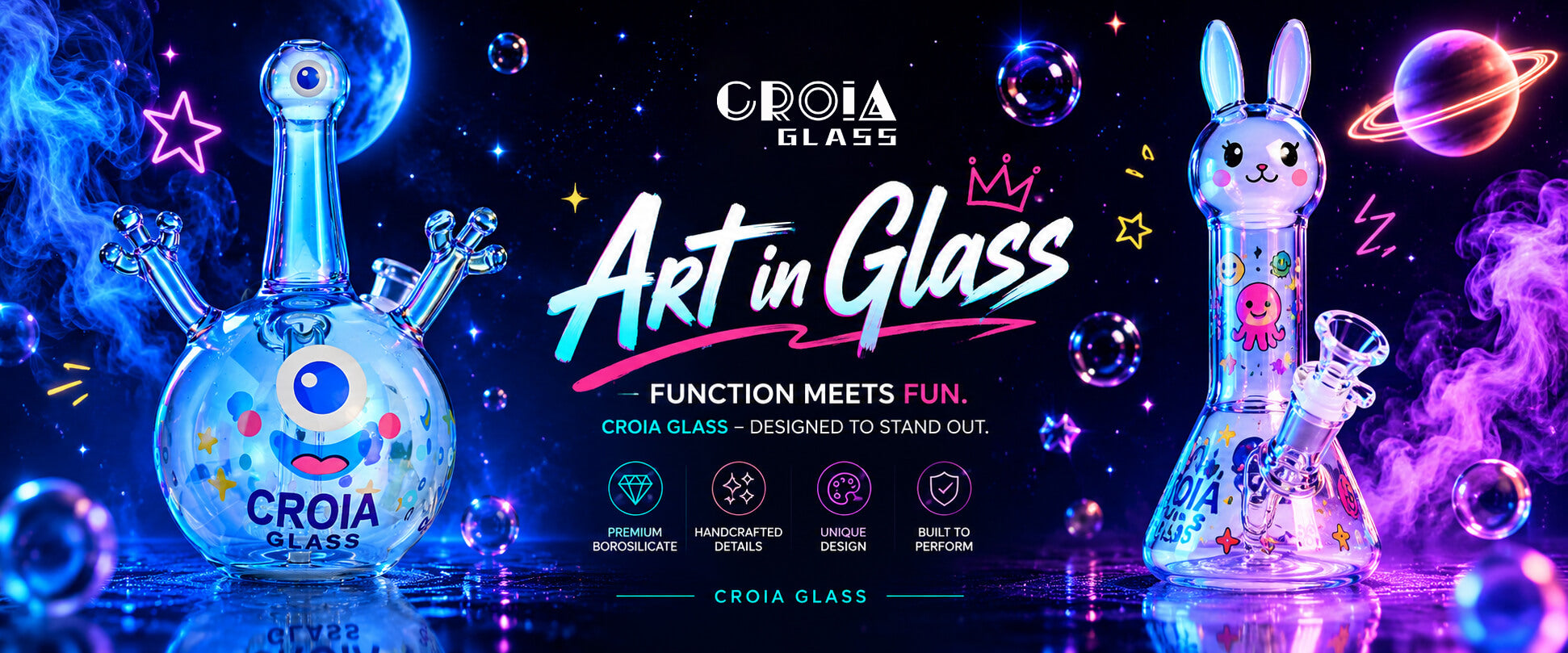 Croia Glass cute character glass bong collection with neon cosmic background and premium artistic water pipes