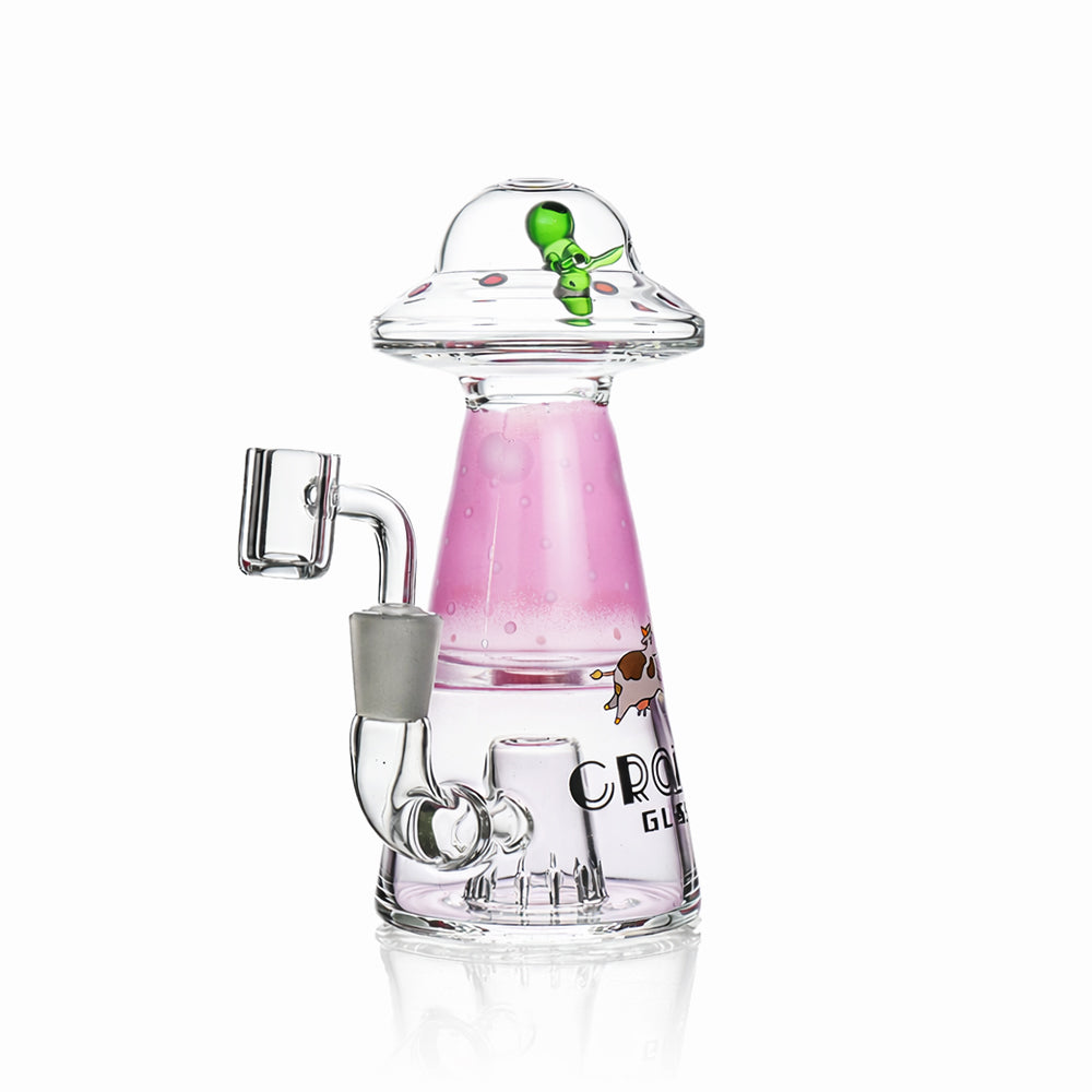 Croia Glass Pink UFO alien dab rig with showerhead perc and quartz banger
