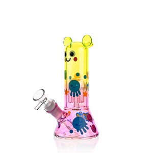 side view of colorful 8 inch beaker bong with playful cartoon styling