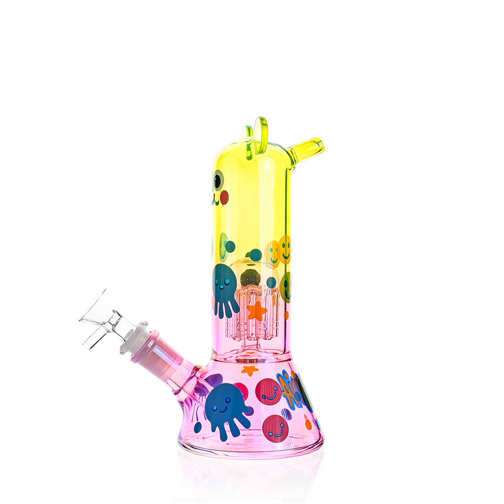 angled view of jellyfish character bong with gradient yellow and pink glass
