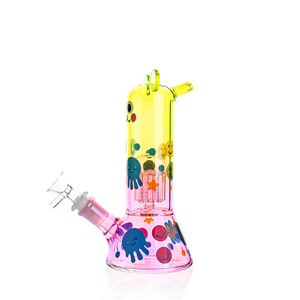 angled view of jellyfish character bong with gradient yellow and pink glass
