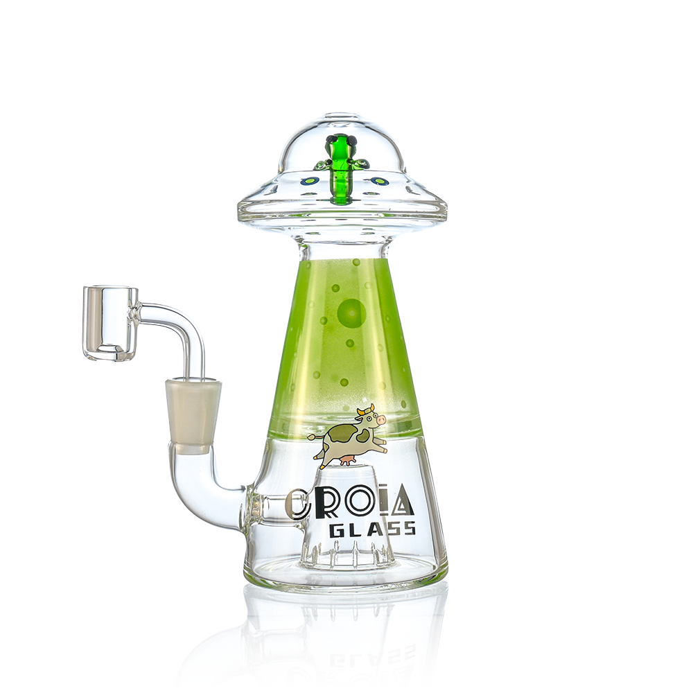 Green UFO alien dab rig with stable bell base and showerhead perc by Croia Glass