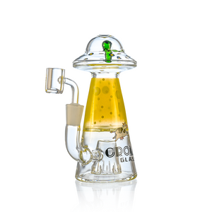 Yellow UFO alien dab rig with showerhead perc and abducted cow design by Croia Glass