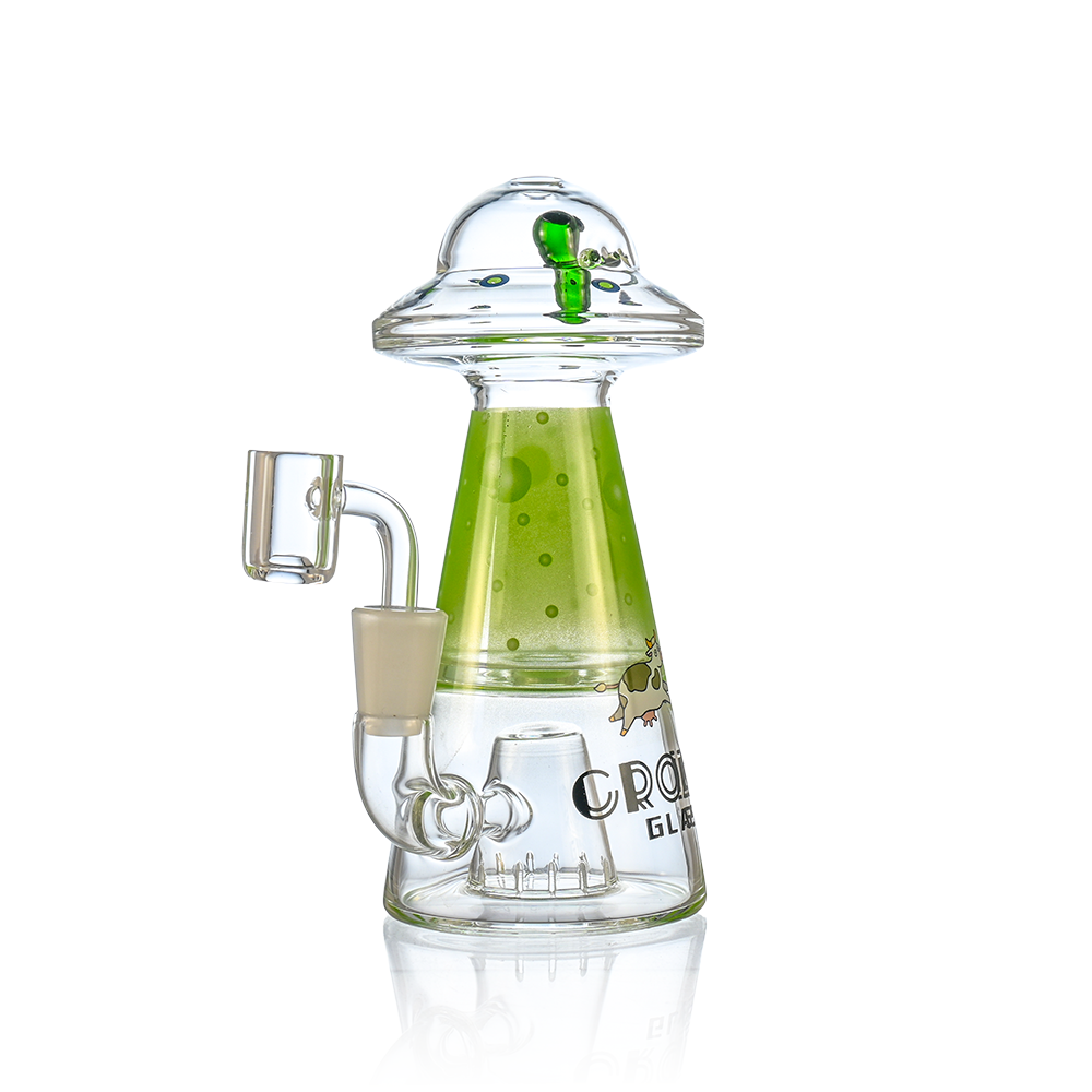 Green UFO alien dab rig with showerhead perc by Croia Glass