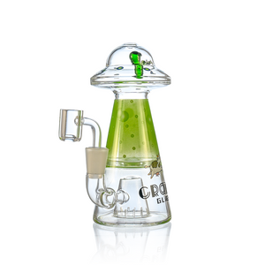 Green UFO alien dab rig with showerhead perc by Croia Glass