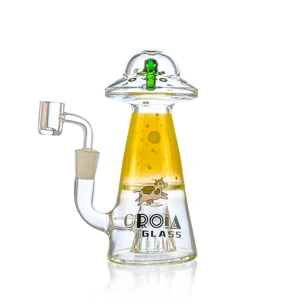 Yellow UFO alien dab rig with showerhead perc by Croia Glass