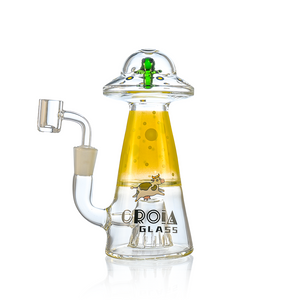 Yellow UFO alien dab rig with showerhead perc by Croia Glass